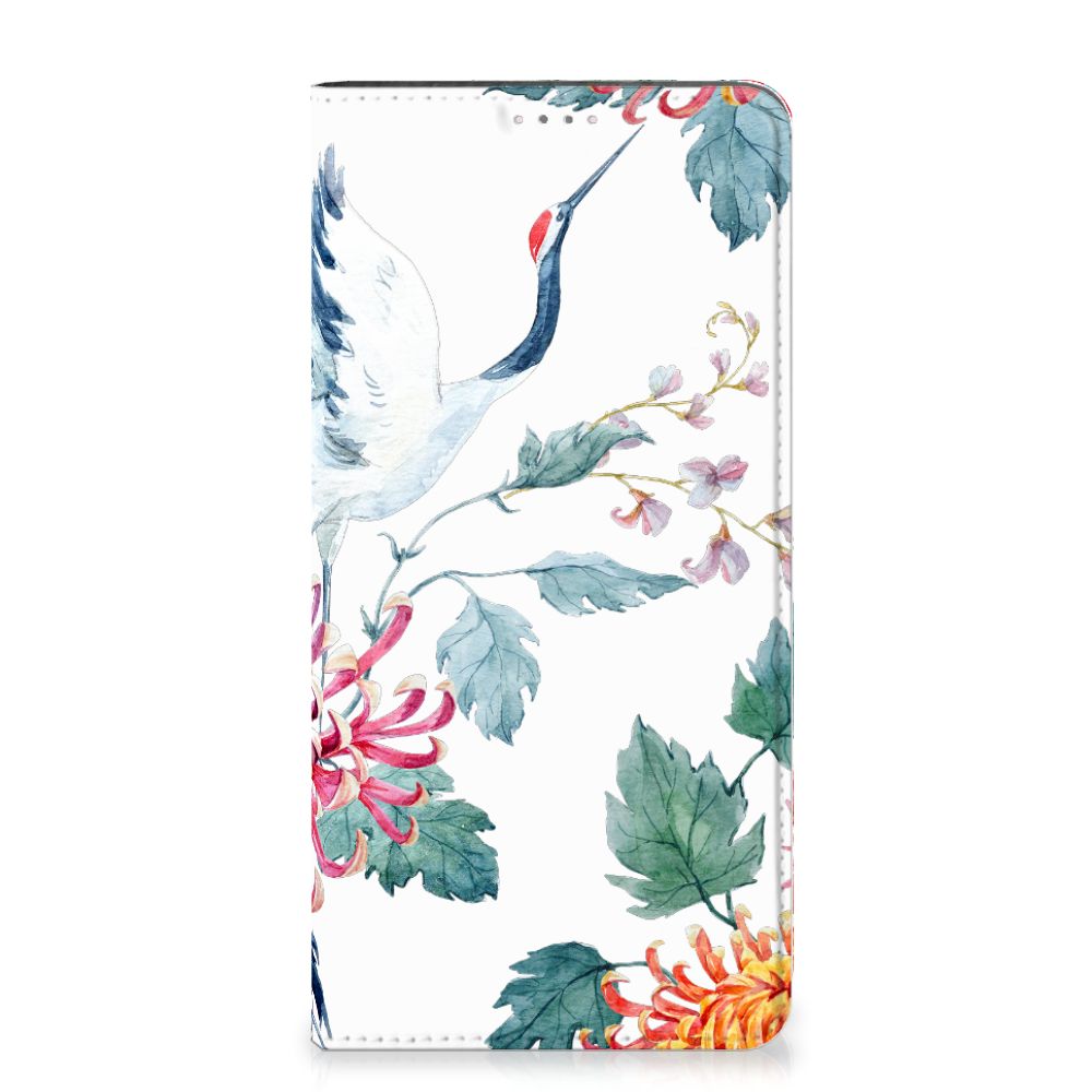 Samsung Galaxy A14 4G Hoesje maken Bird Flowers met schitterende bloemen en ooievaar design.