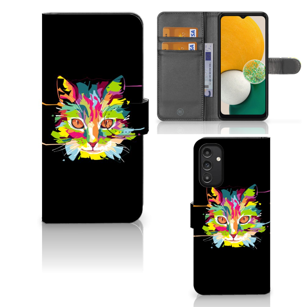 Samsung Galaxy A14 4G Leuk Hoesje Cat Color met kleurrijke kat afbeelding op zwarte achtergrond.