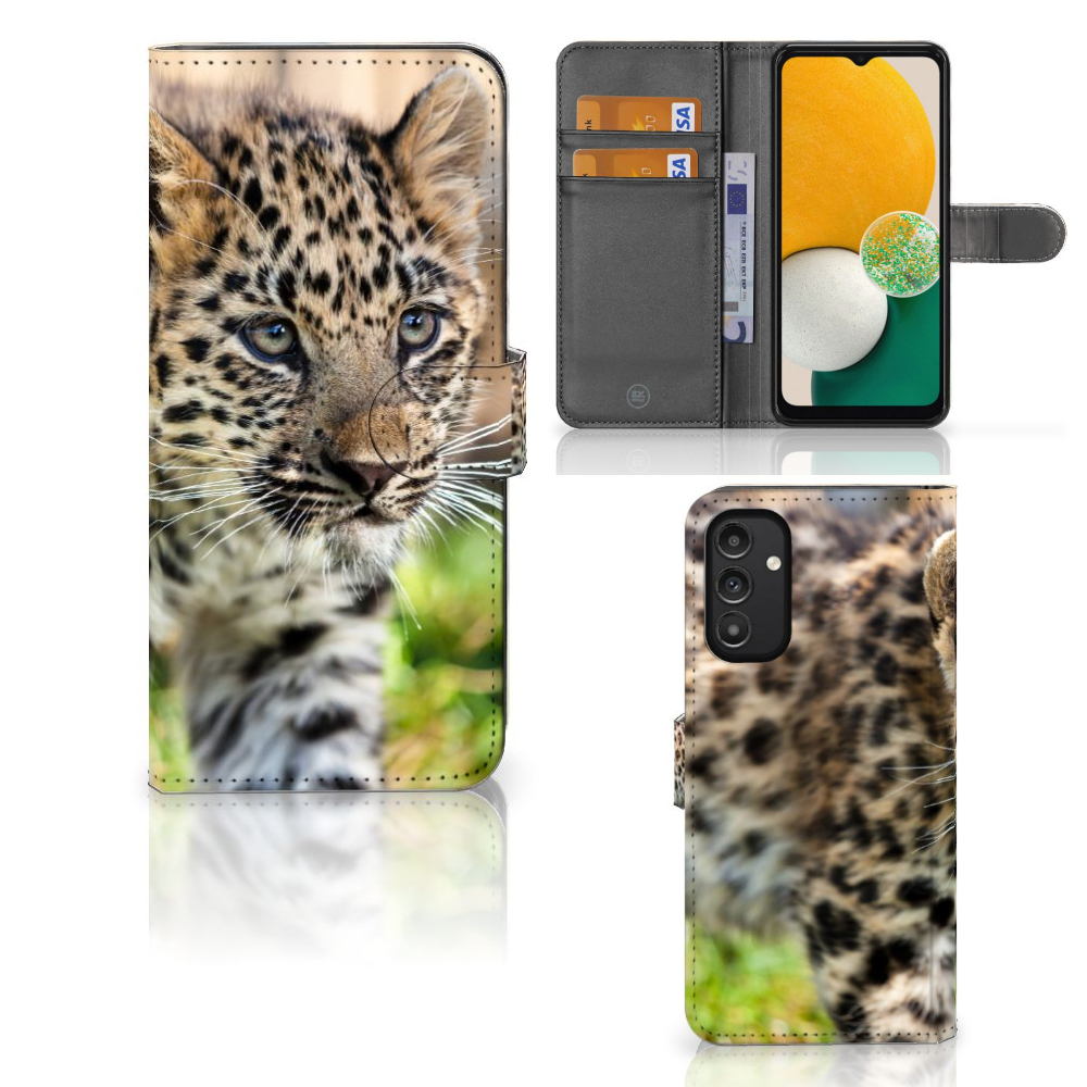 Samsung Galaxy A14 4G Telefoonhoesje met Pasjes Baby Luipaard - Hoesje met schattige luipaard welp afbeelding.