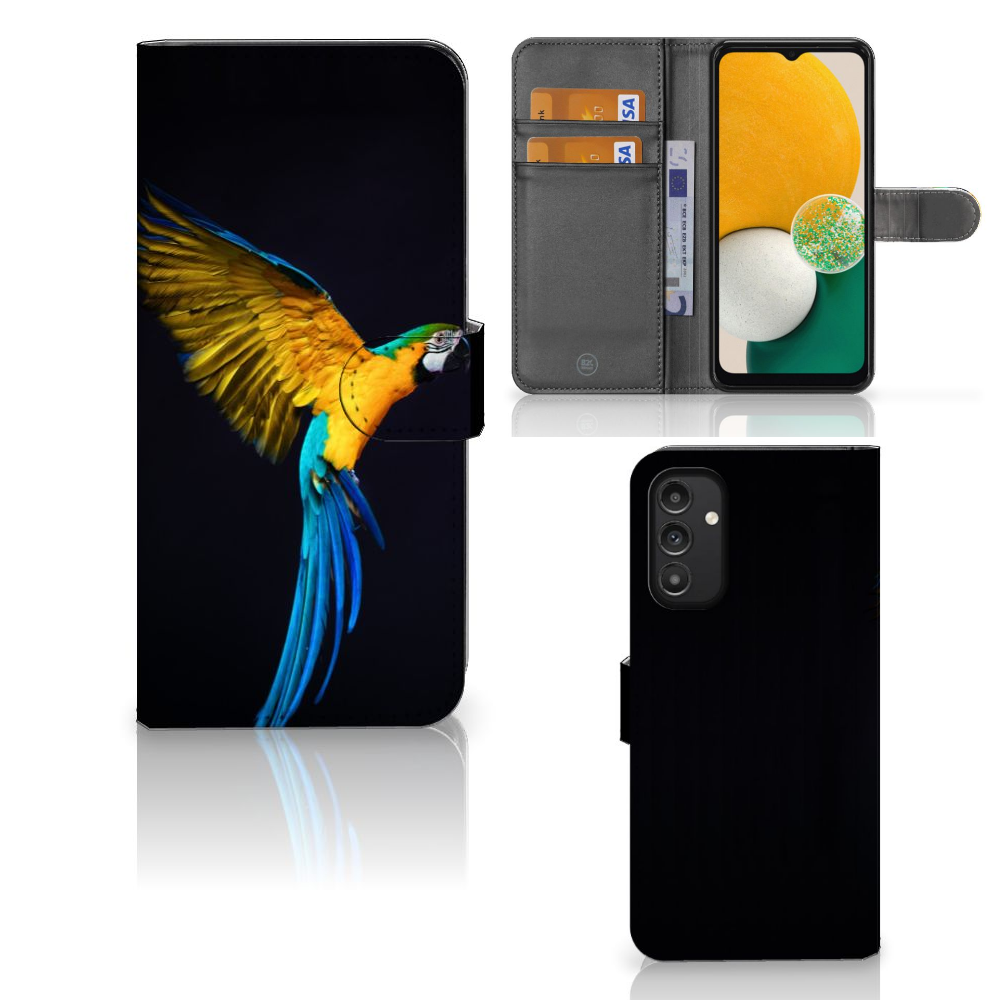 Samsung Galaxy A14 4G Telefoonhoesje met Pasjes Papegaai met kleurrijke papegaai op de voorkant en ruimte voor 3 pasjes.