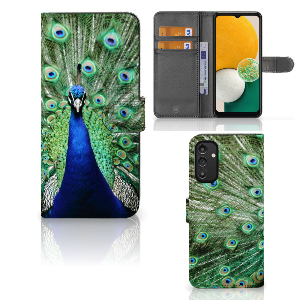 Samsung Galaxy A14 4G Telefoonhoesje met Pasjes Pauw, kunstwerk van een pauw, inclusief pasjeshouder.