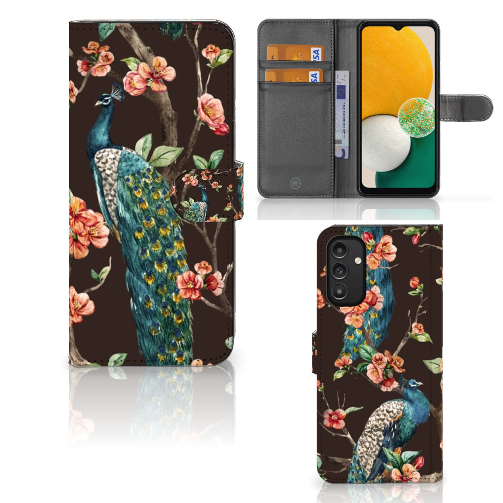 Samsung Galaxy A14 4G Telefoonhoesje met Pasjes Pauw met Bloemen - Artistiek ontwerp met pauw en bloemen.