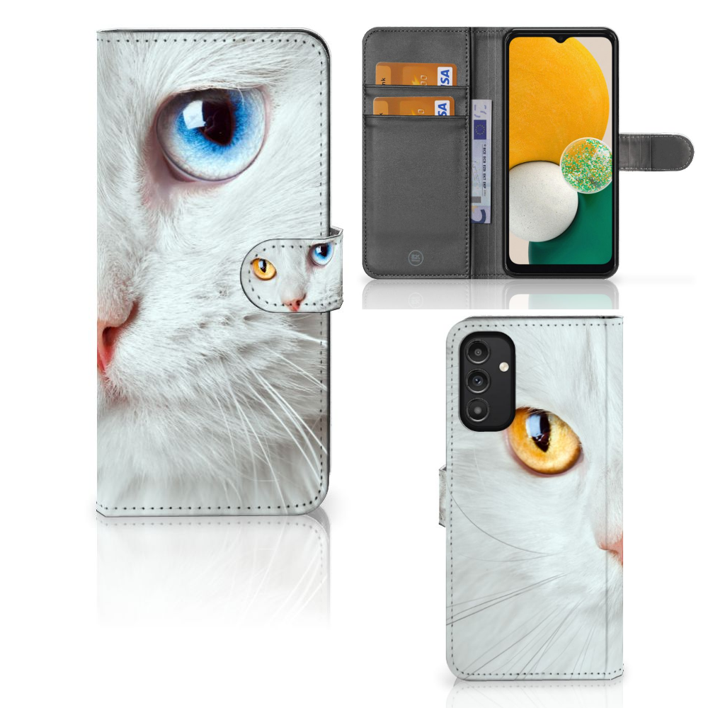 Samsung Galaxy A14 4G Telefoonhoesje met Pasjes Witte Kat met unieke ogen en magnetische sluiting