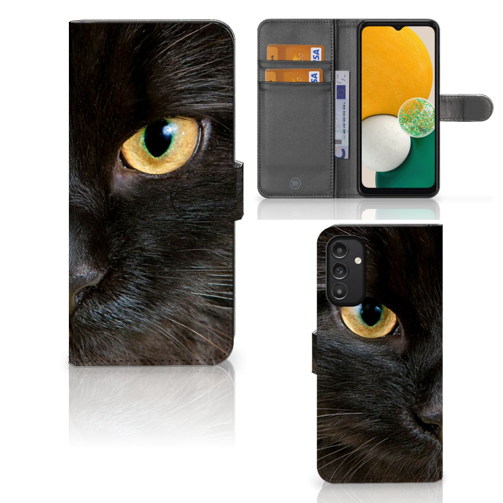 Samsung Galaxy A14 4G Telefoonhoesje met Pasjes Zwarte Kat design zwarte kat aanzicht
