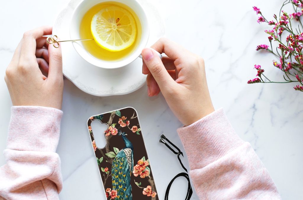 Samsung Galaxy A14 5G Case Anti-shock Pauw met Bloemen met handen en thee.
