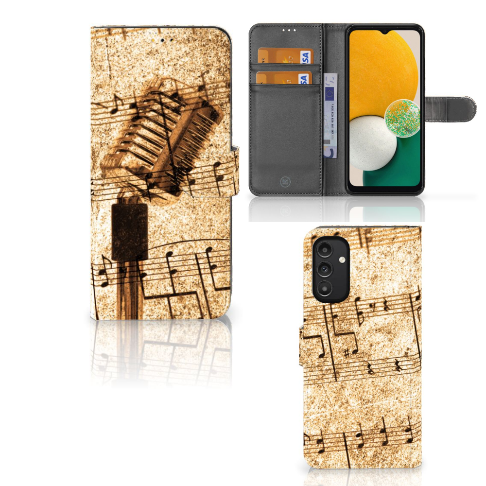 Samsung Galaxy A14 5G Telefoonhoesje met foto Bladmuziek bladmuziek design front en binnenkant drie aanzichten