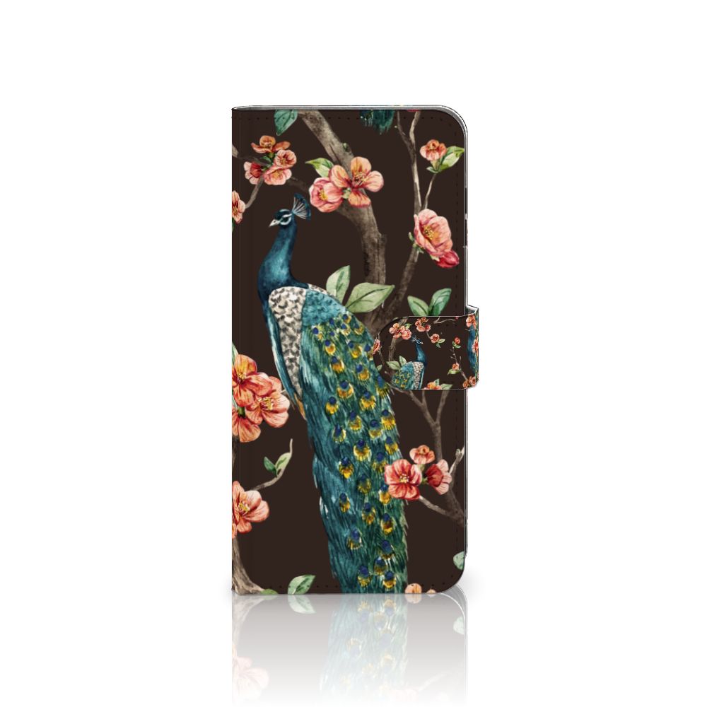 Samsung Galaxy A16 4G/5G Telefoonhoesje met Pasjes Pauw met Bloemen telefoonhoesje pauw bloemen vooraanzicht