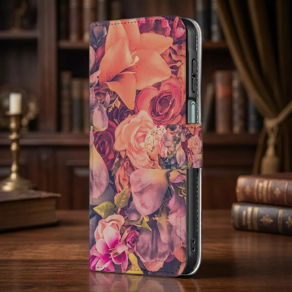 Samsung Galaxy A17 Boekhoesje Bloemen Met 3 Pasjes Roze Oranje Paars bloemenprint zijaanzicht