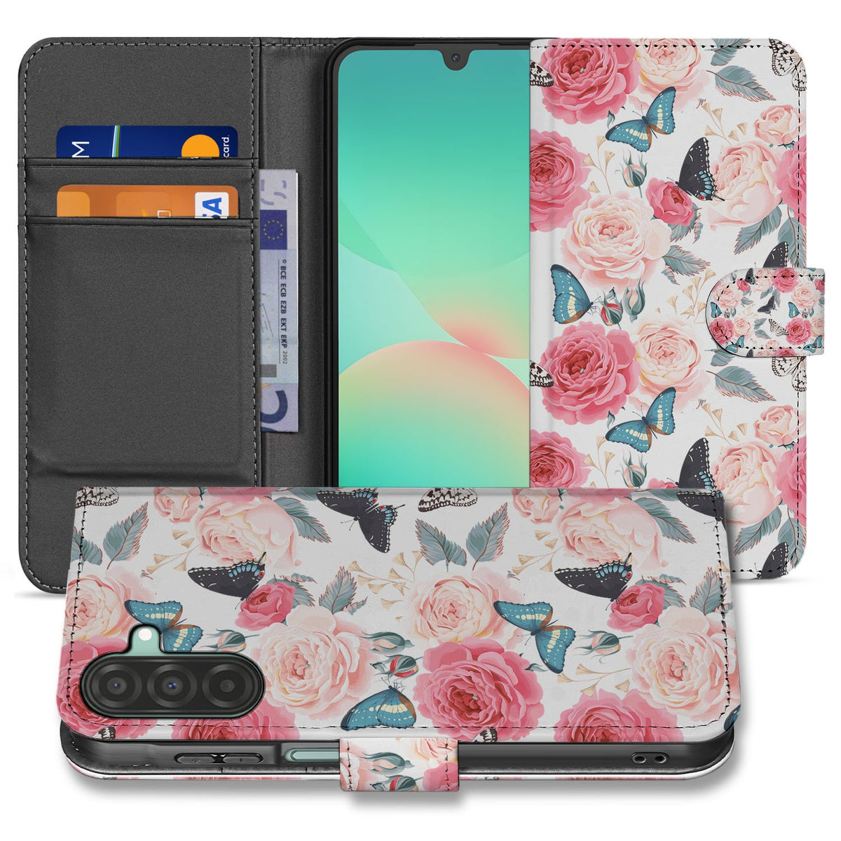 Samsung Galaxy A17 Bookcase Hoesje Roze Butterfly Roses Met Pasjes boekcase roze butterfly rozen aanzicht