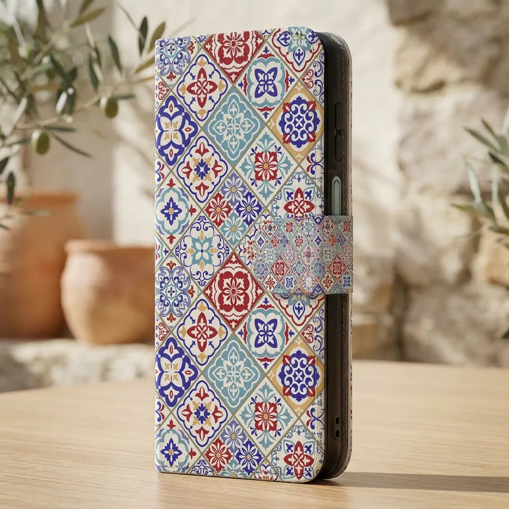 Samsung Galaxy A17 Bookcase Tiles Color Met 3 Pasjes Uniek Hoesje kleurrijk tegelmotief gesloten aanzicht