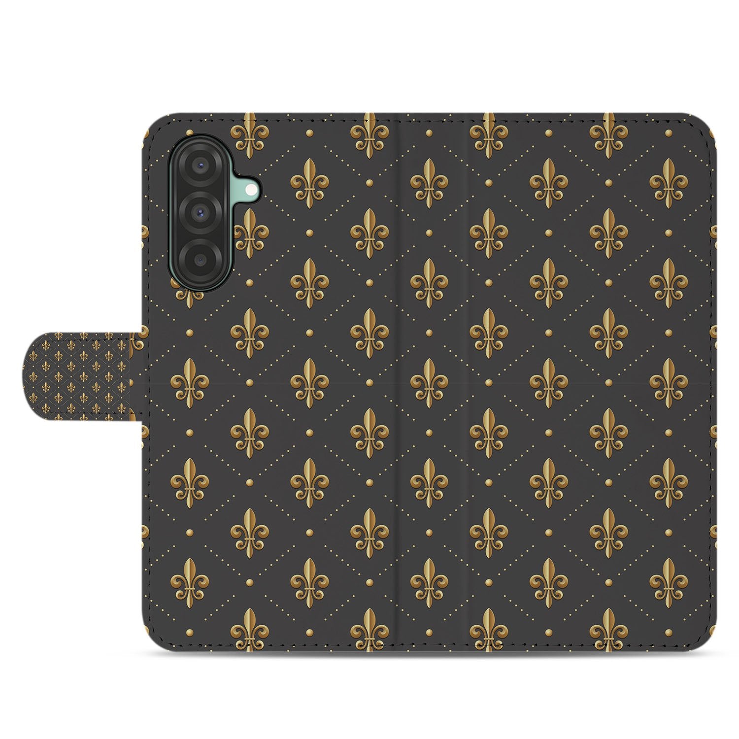 Samsung Galaxy A17 Telefoon Hoesje Franse Lelie book case Franse Lelie goudbruin design achteraanzicht