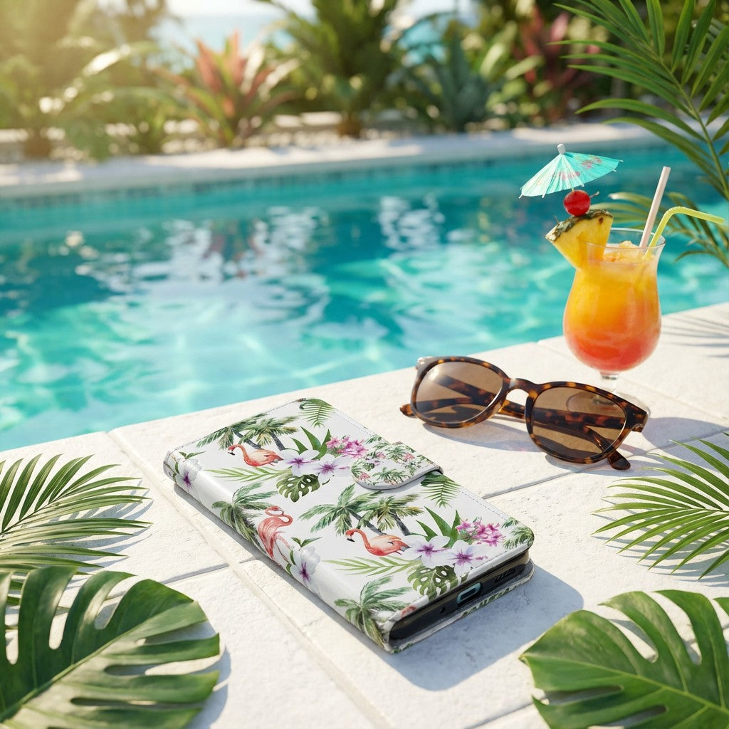 Samsung Galaxy A17 Telefoonhoesje met Pasjes Flamingo Palms boekhoesje tropisch design aanzicht