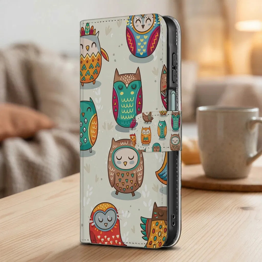 Samsung Galaxy A17 Telefoonhoesje met Pasjes Vrolijke Uilen boekhoesje uilen design aanzicht