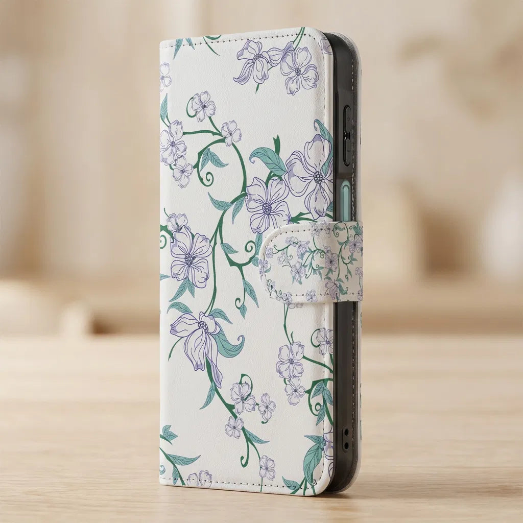 Samsung Galaxy A17 Uniek Hoesje Blossom White boekhoesje bloemen patroon voorzijde