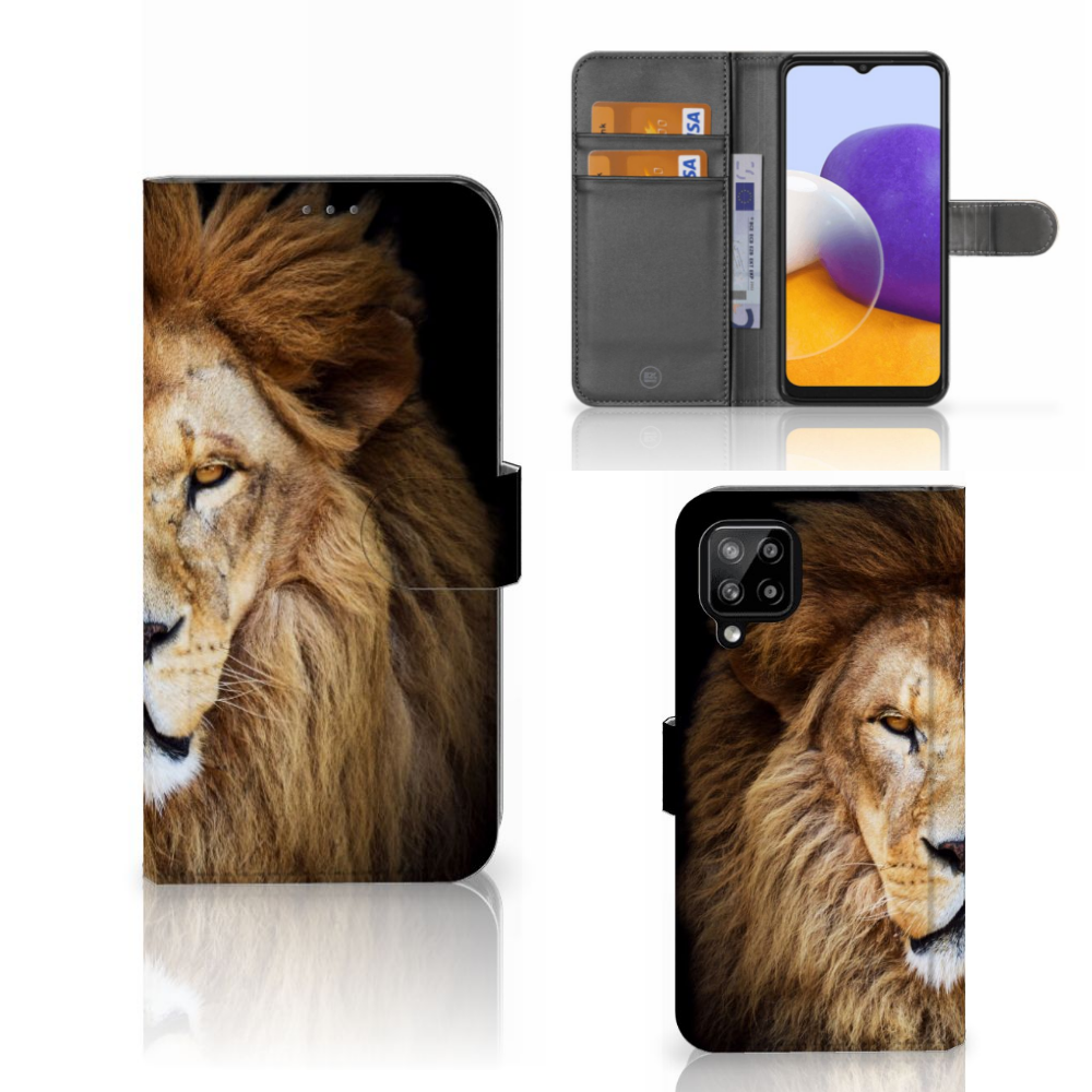 Samsung Galaxy A22 4G M22 Telefoonhoesje met Pasjes Leeuw design leeuw aanzicht