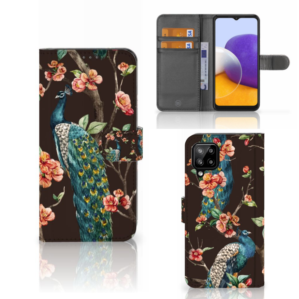 Samsung Galaxy A22 4G M22 Telefoonhoesje met Pasjes Pauw met Bloemen design voorkant achterkant binnenkant
