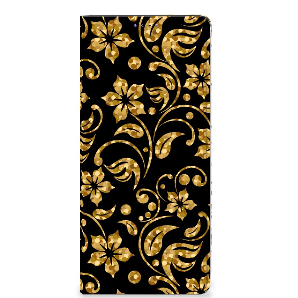 Samsung Galaxy A22 5G Smart Cover Gouden Bloemen bloemen design voorkant