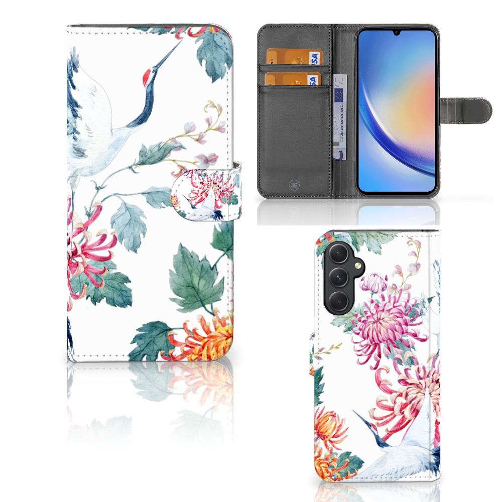 Samsung Galaxy A24 4G Telefoonhoesje met Pasjes Bird Flowers ontwerp voorkant interieur