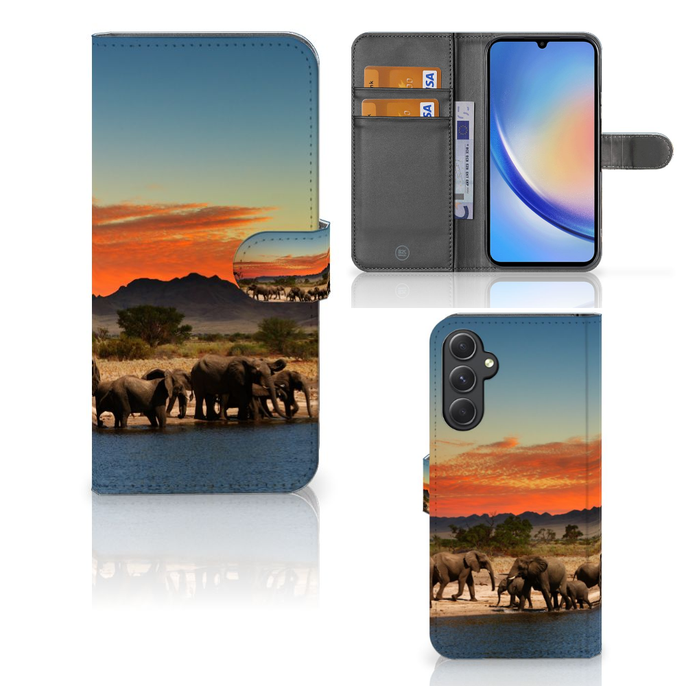 Samsung Galaxy A24 4G Telefoonhoesje met Pasjes Olifanten design olifanten aanzicht