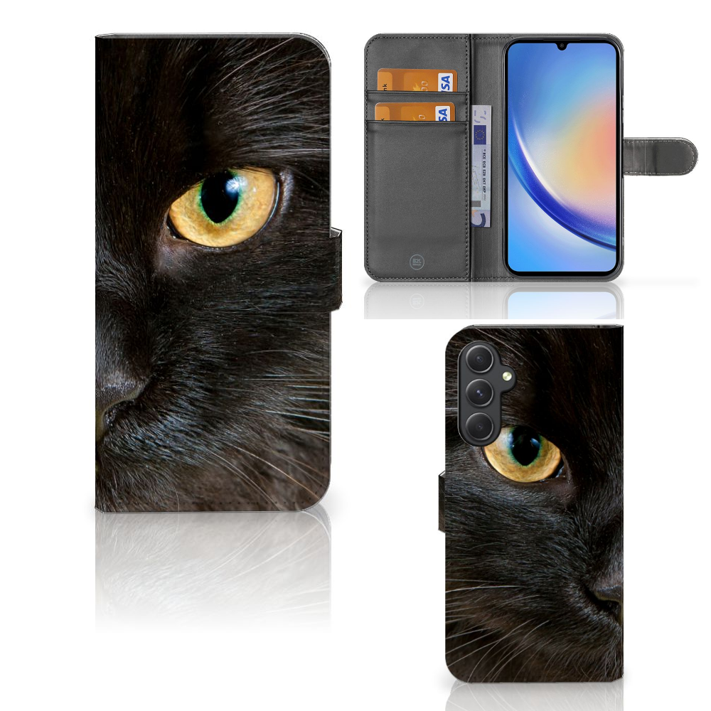 Samsung Galaxy A24 4G Telefoonhoesje met Pasjes Zwarte Kat design zwarte kat aanzicht