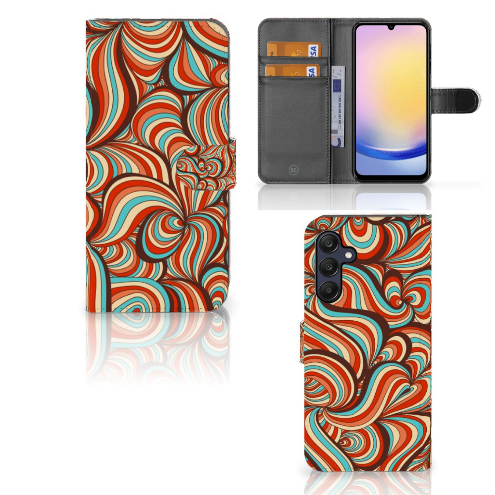 Samsung Galaxy A25 Hoesje Retro met kleurrijk swirl design front en binnenkant met pasjes vakken.