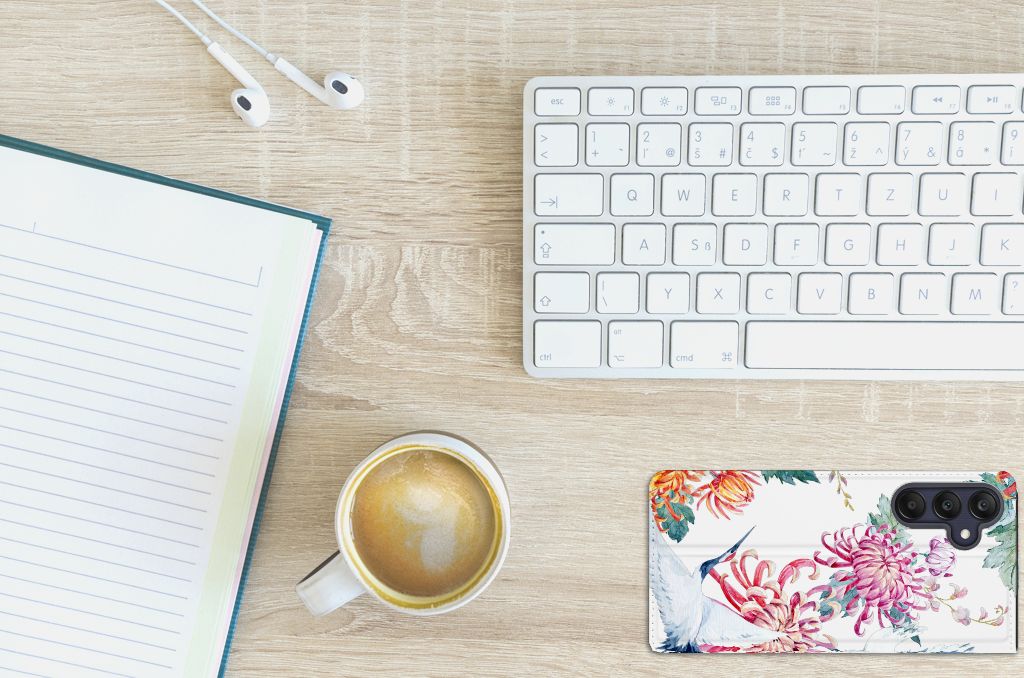Samsung Galaxy A25 Hoesje maken Bird Flowers bureauansicht met toetsenbord notitieboek koffie