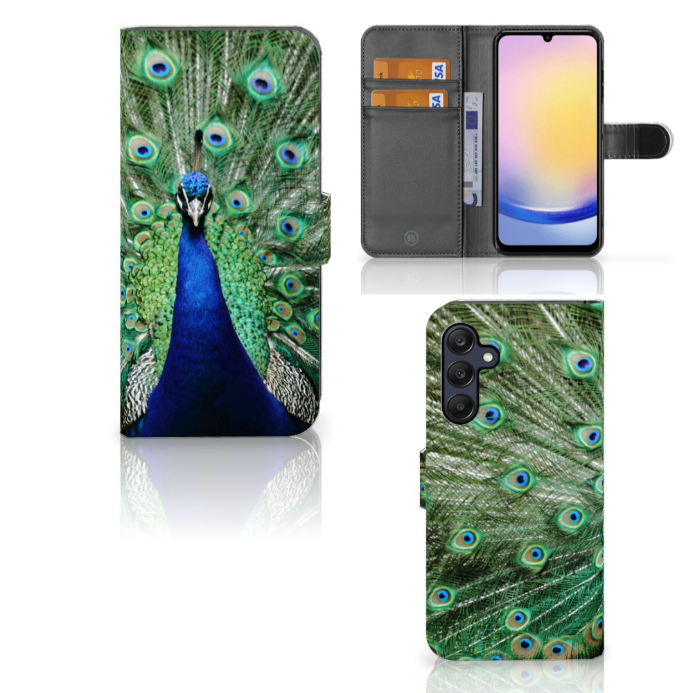 Samsung Galaxy A25 Telefoonhoesje met Pasjes Pauw design pauw vooraanzicht binnenkant