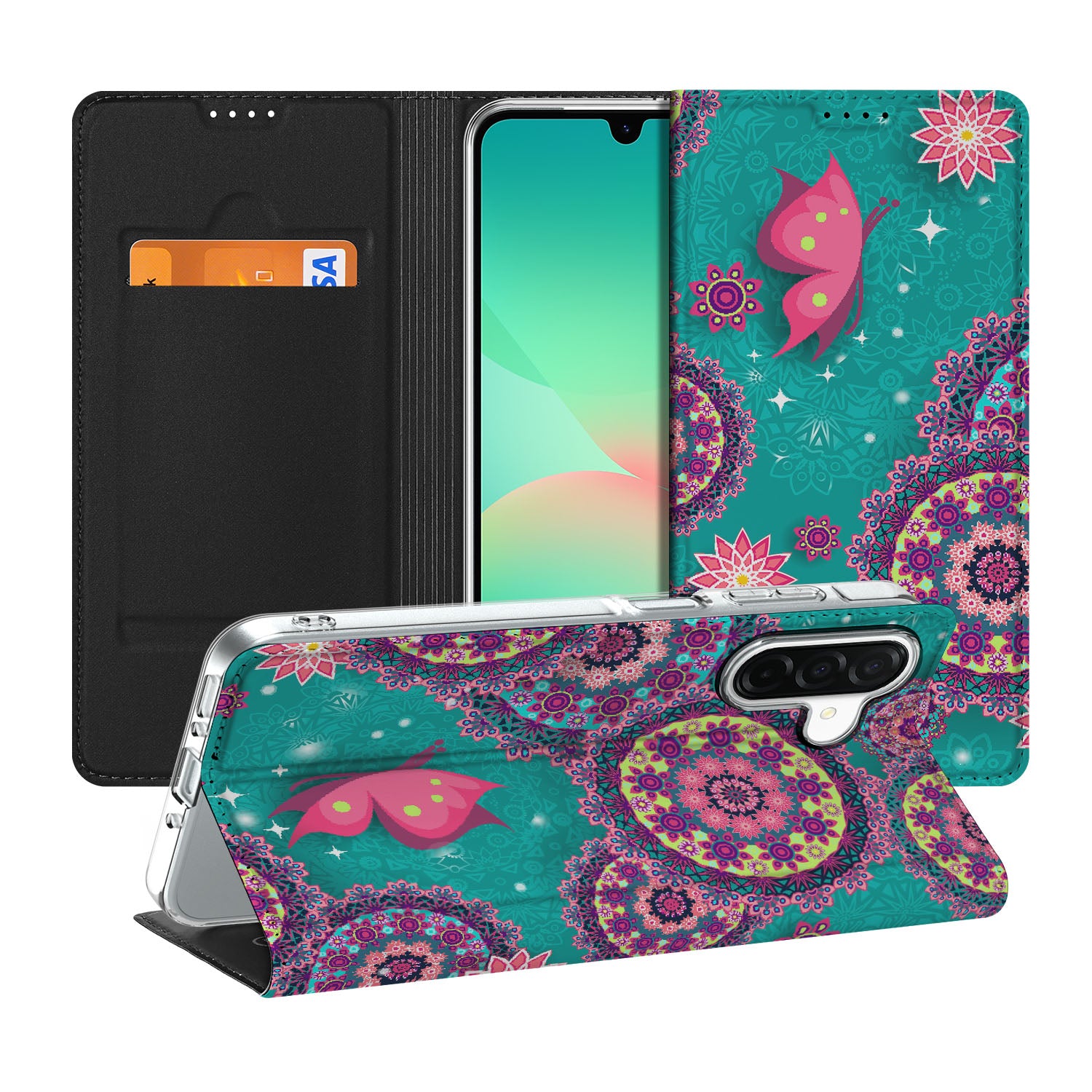 Samsung Galaxy A26 Bookcase Cirkels en Vlinders bookcase met cirkels en vlinders aanzicht