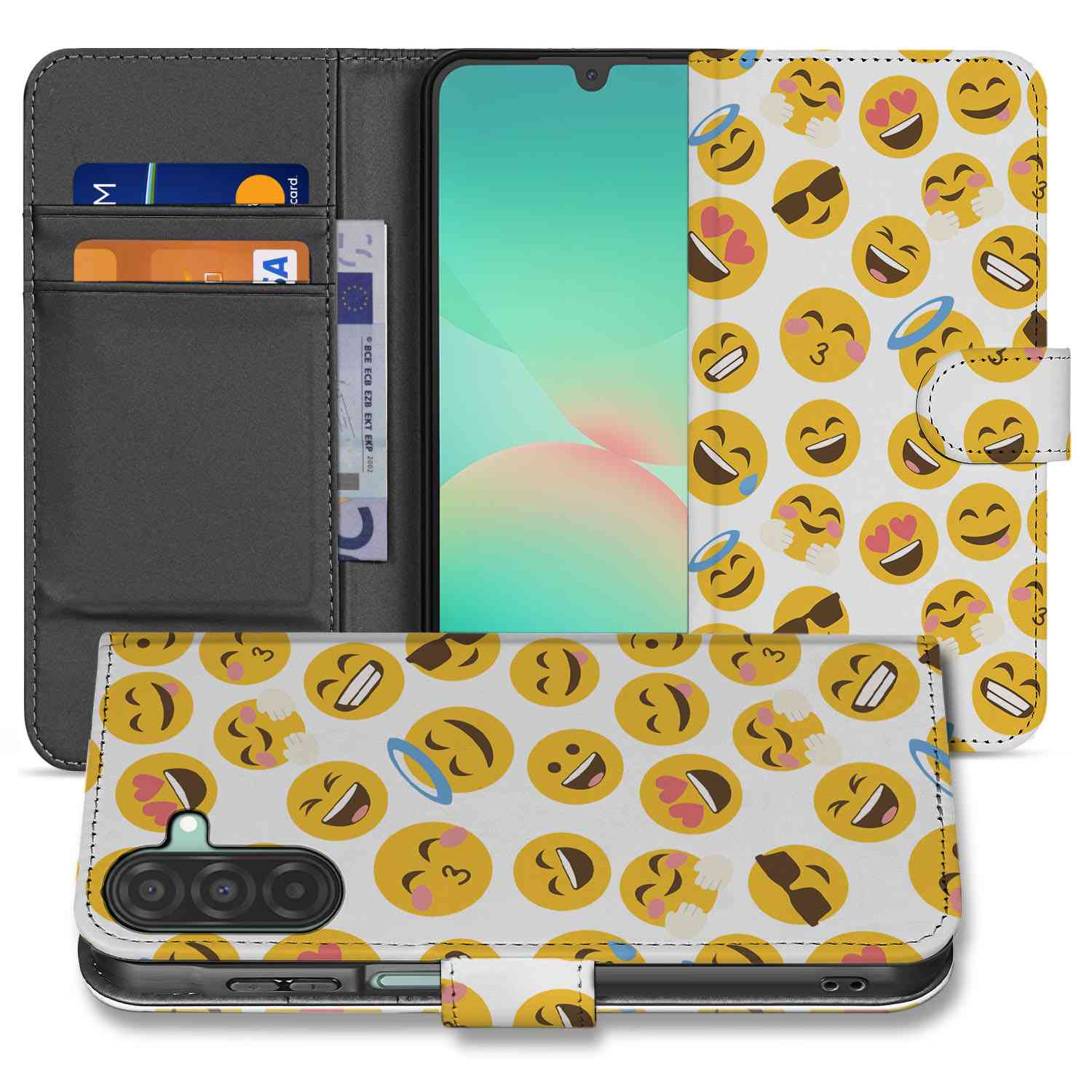 Samsung Galaxy A26 Emoji Book Case boek hoesje emoji design vooraanzicht