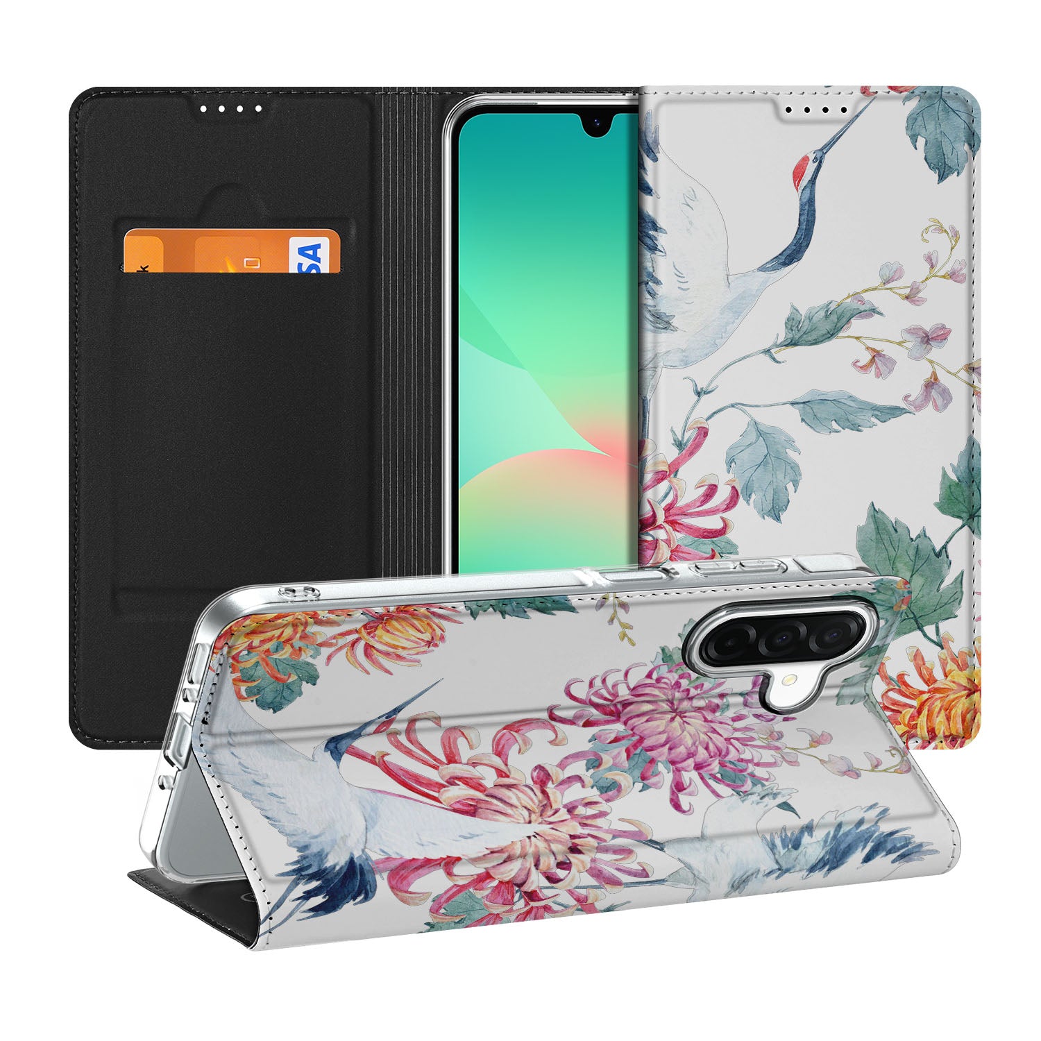 Samsung Galaxy A26 Hoesje maken Bird Flowers smartphone hoesje met bloemen en ooievaars design voorkant en achterkant