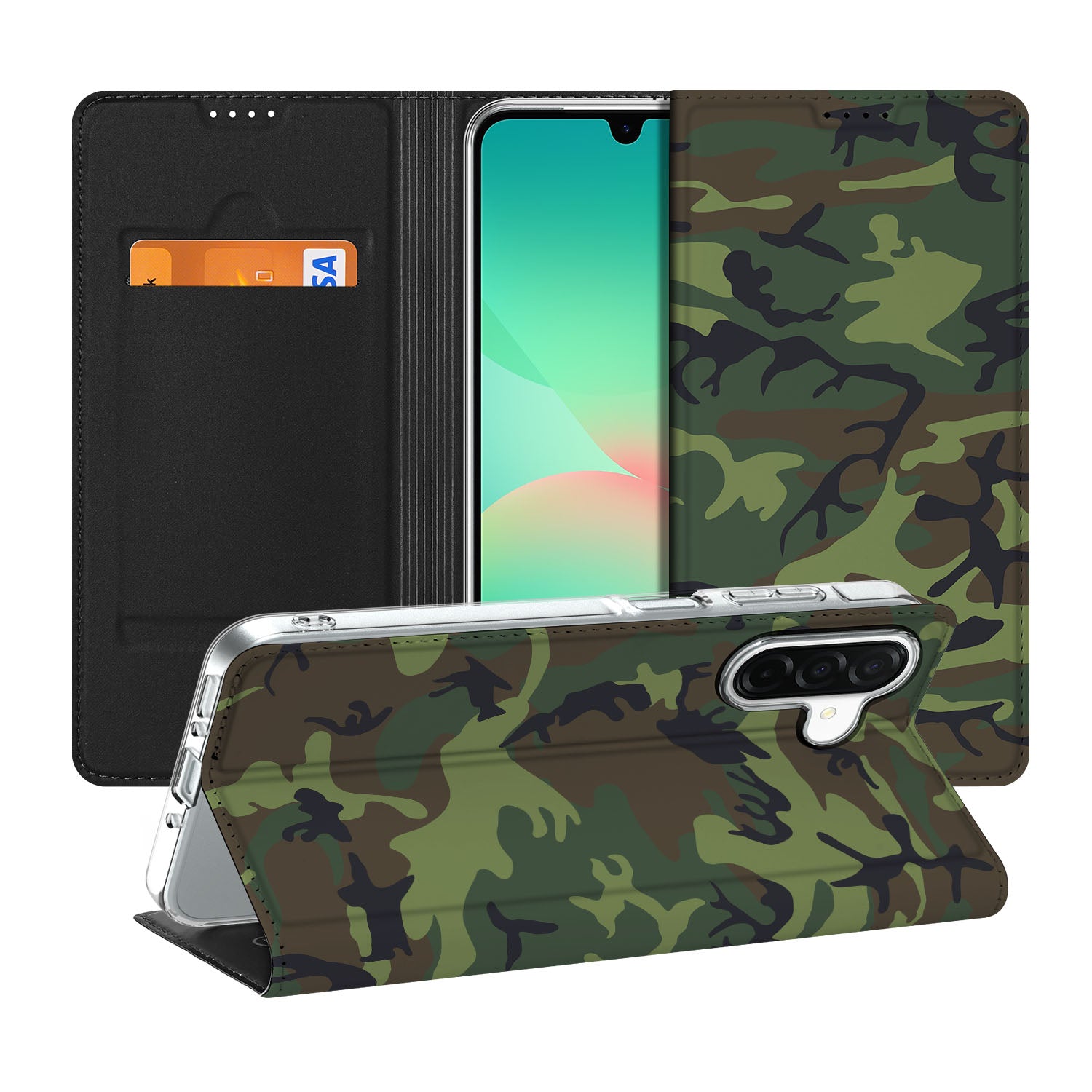 Samsung Galaxy A26 Hoesje met Magneet Army Dark design camo voorkant en achterkant