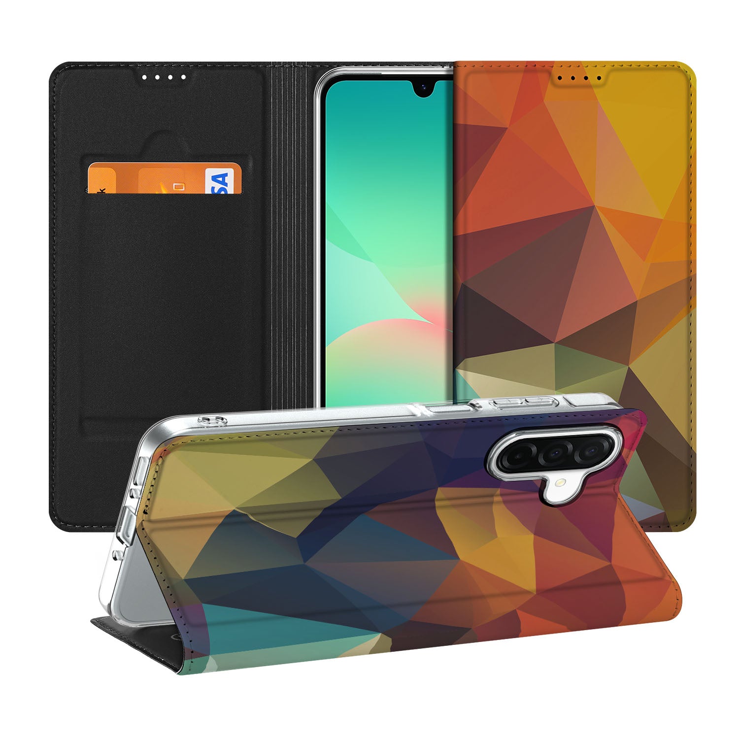 Samsung Galaxy A26 Stand Case Polygon Color abstract kleurrijk geometrisch ontwerp aanzicht