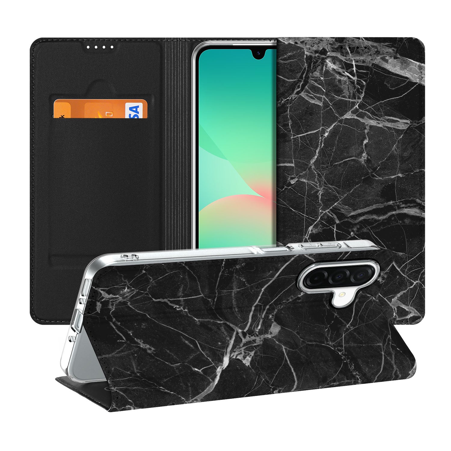 Samsung Galaxy A26 Standcase Marmer Zwart Origineel Cadeau Vader zwart marmer design opent aanzicht