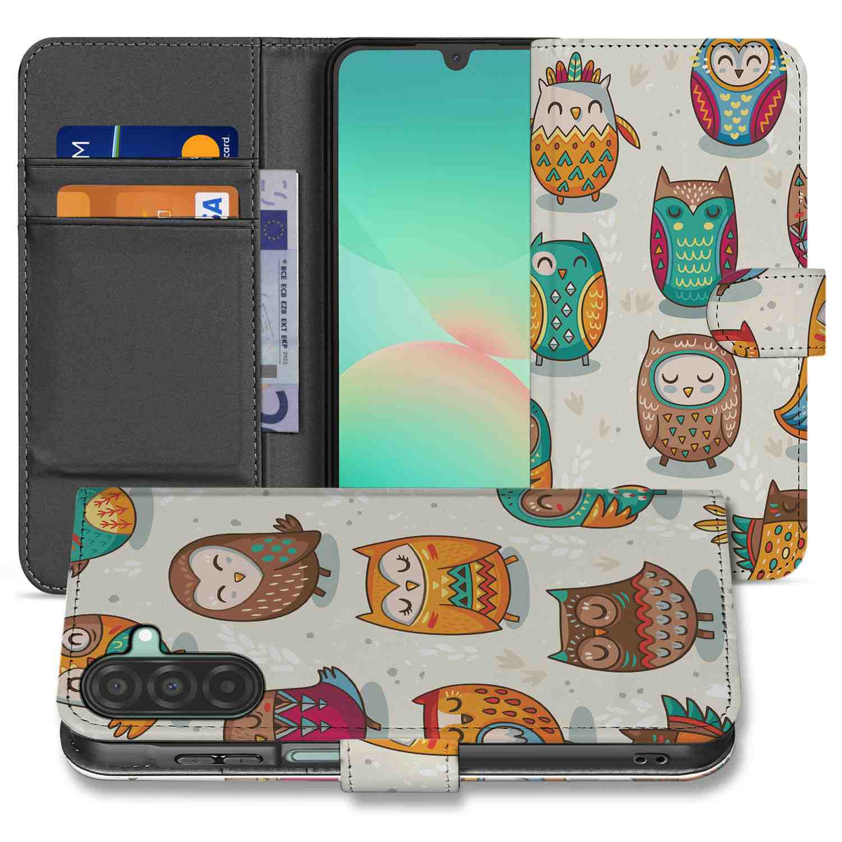 Samsung Galaxy A26 Vrolijke Uilen Book Case vrolijke uilen design voorkant