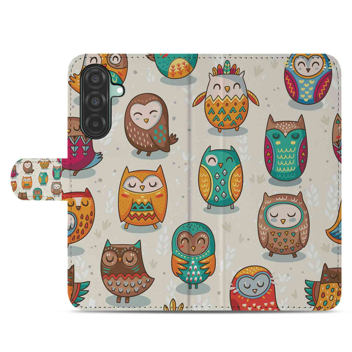 Samsung Galaxy A26 Vrolijke Uilen Book Case vrolijke uilen design voorkant