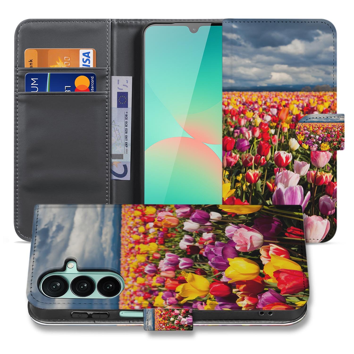 Samsung Galaxy A27 bookcase Tulpen, voorkant met gesloten klep