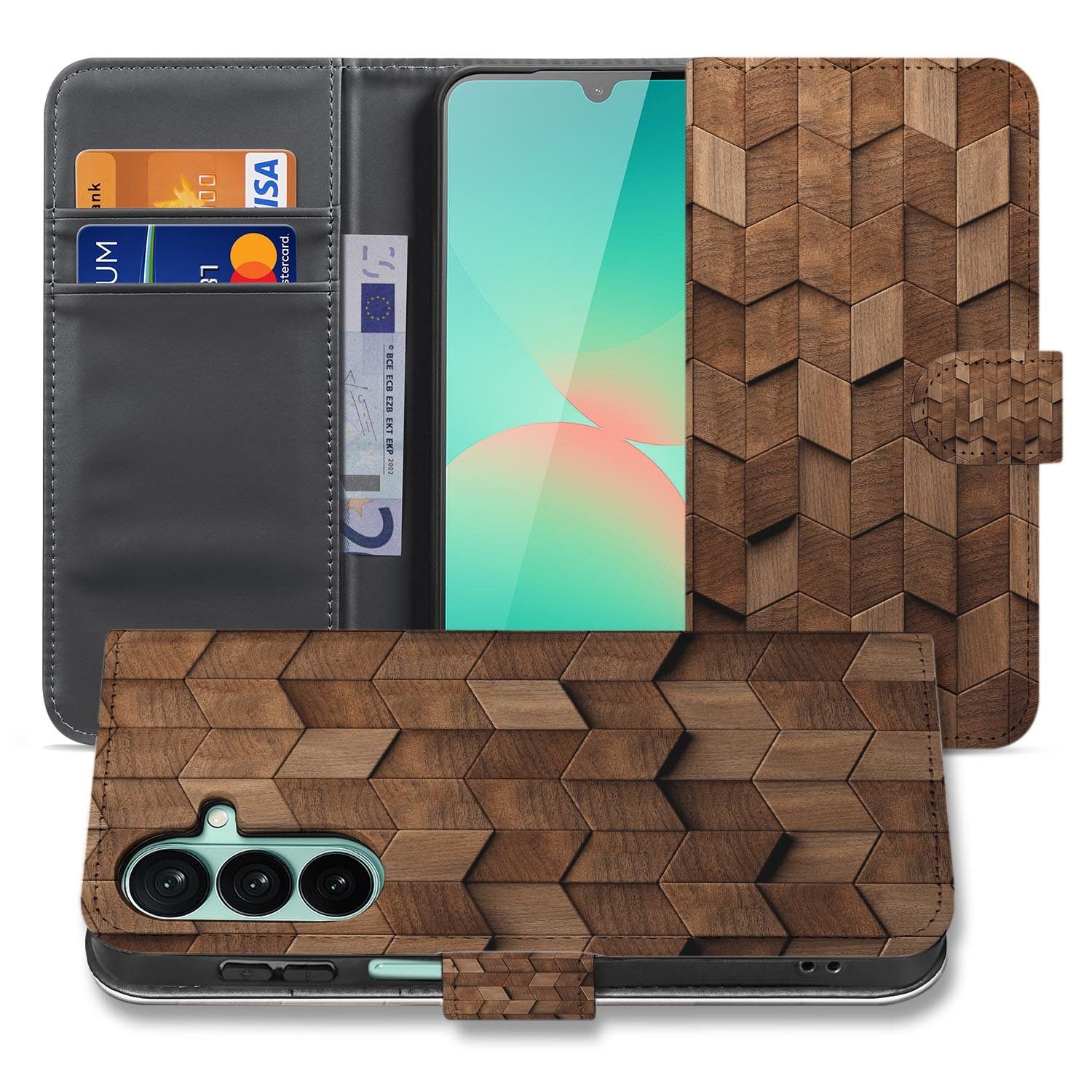 Samsung Galaxy A27 bookcase Wooden Cubes, voorkant met gesloten klep