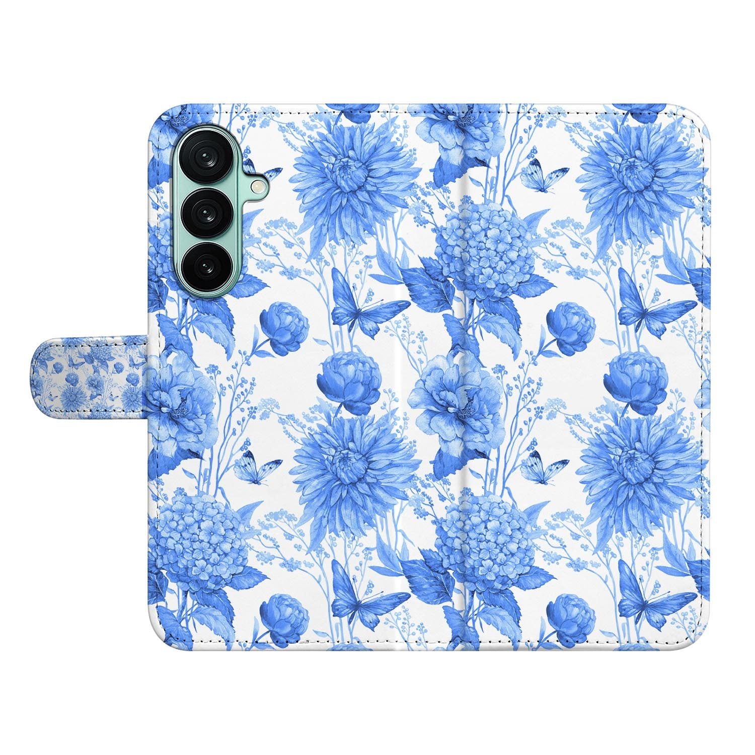 Samsung Galaxy A27 bookcase Flowers Blue, open met pasjesvakken