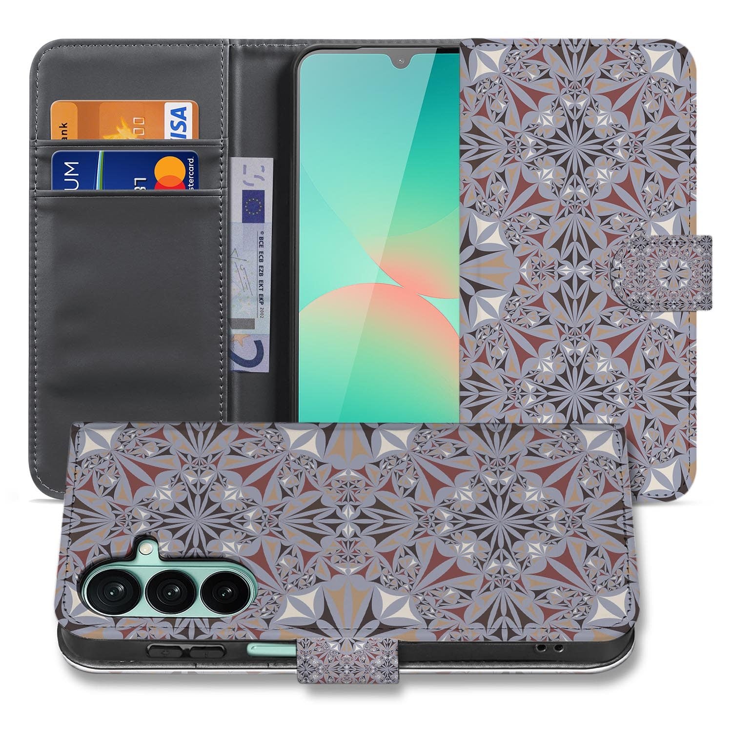 Samsung Galaxy A27 bookcase Flower Tiles, voorkant met gesloten klep