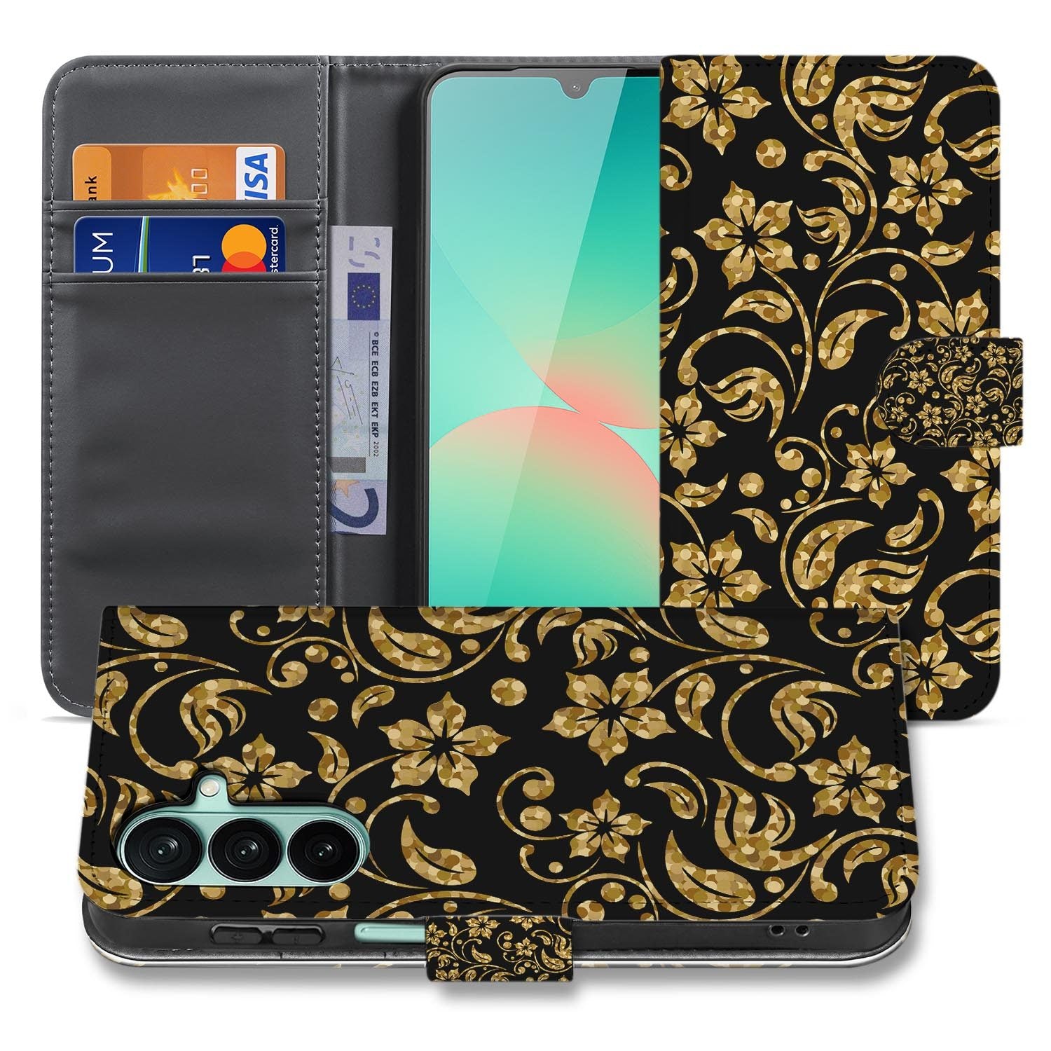 Samsung Galaxy A27 bookcase Gouden Bloemen, voorkant met gesloten klep