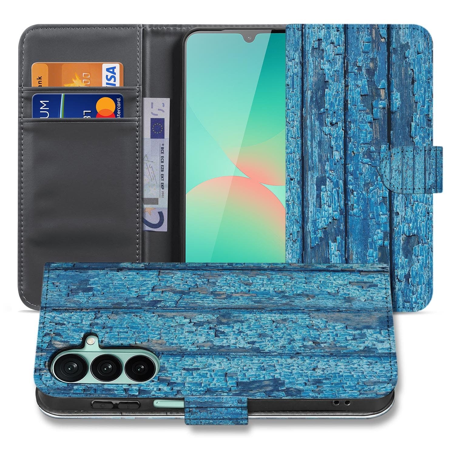 Samsung Galaxy A27 bookcase Wood Blue, voorkant met gesloten klep