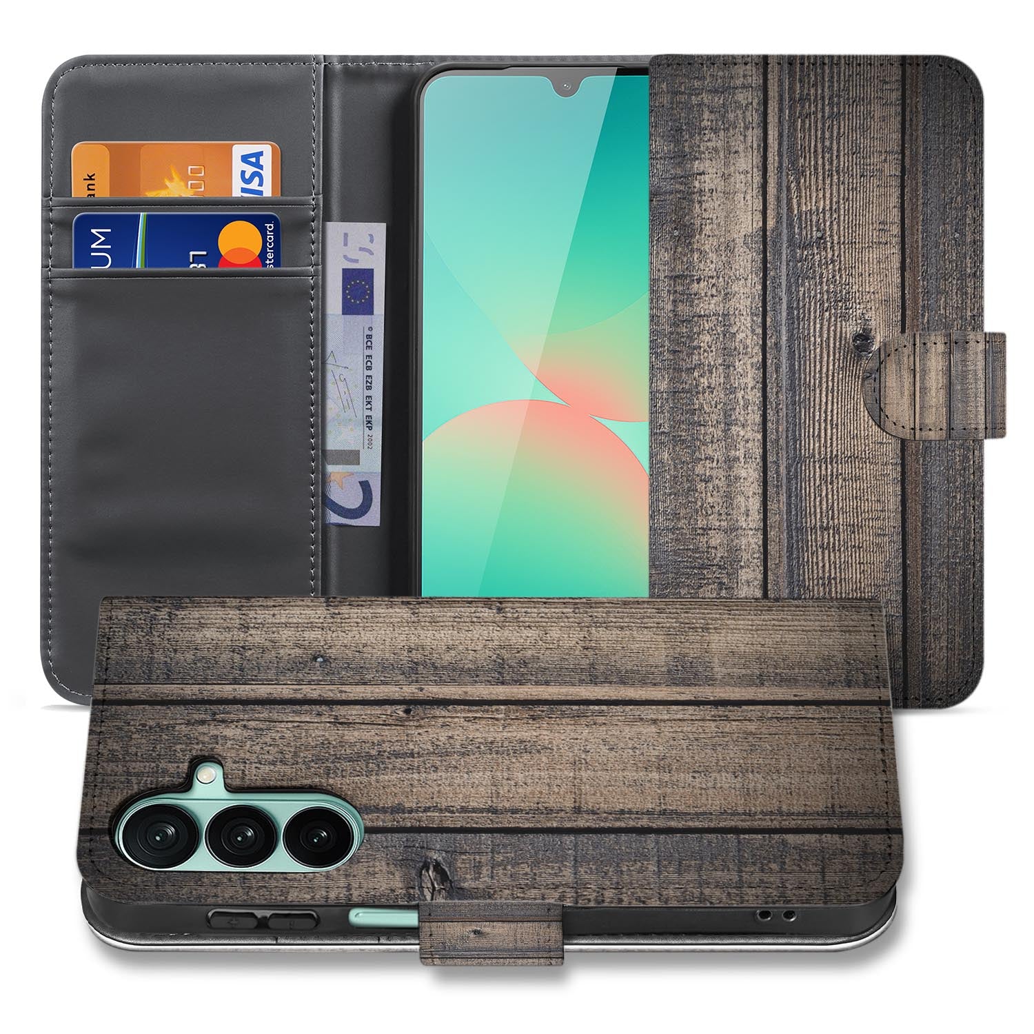 Samsung Galaxy A27 bookcase Steigerhout, voorkant met gesloten klep