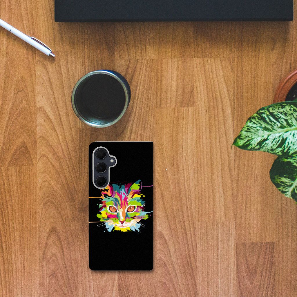 Samsung Galaxy A35 Magnet Case Cat Color bovenaanzicht kleurrijk kattengesicht