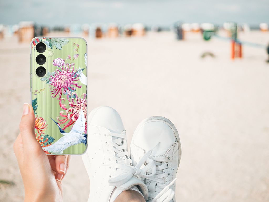 Samsung Galaxy A35 TPU Hoesje Bird Flowers telefoonhoesje bloemen ontwerp hand strand