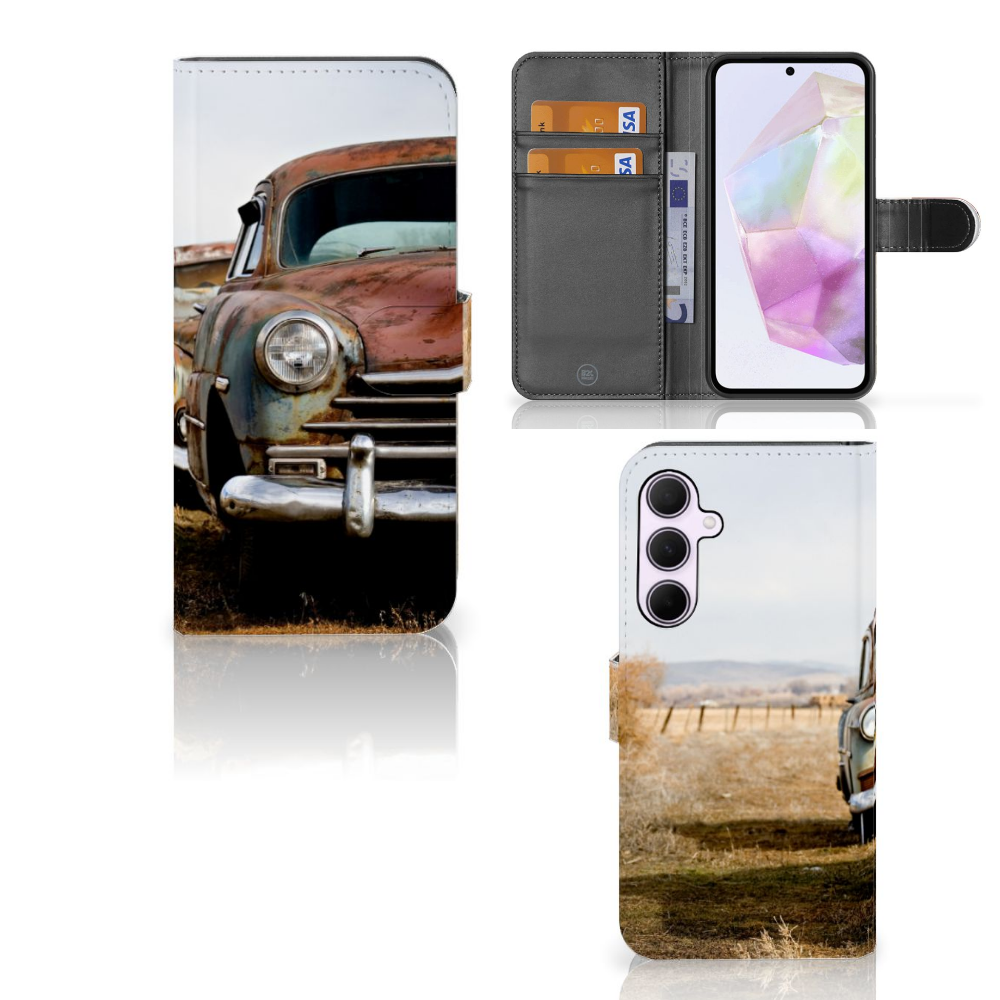 Samsung Galaxy A35 Telefoonhoesje met foto Vintage Auto design vintage auto voor en binnenkant
