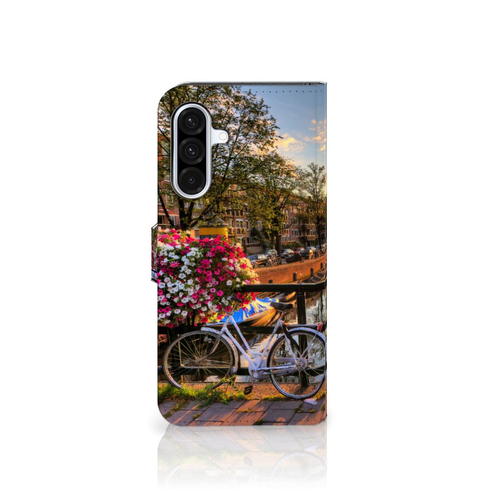 Samsung Galaxy A36 Flip Cover Amsterdamse Grachten design Amsterdam fiets bloemen aanzicht