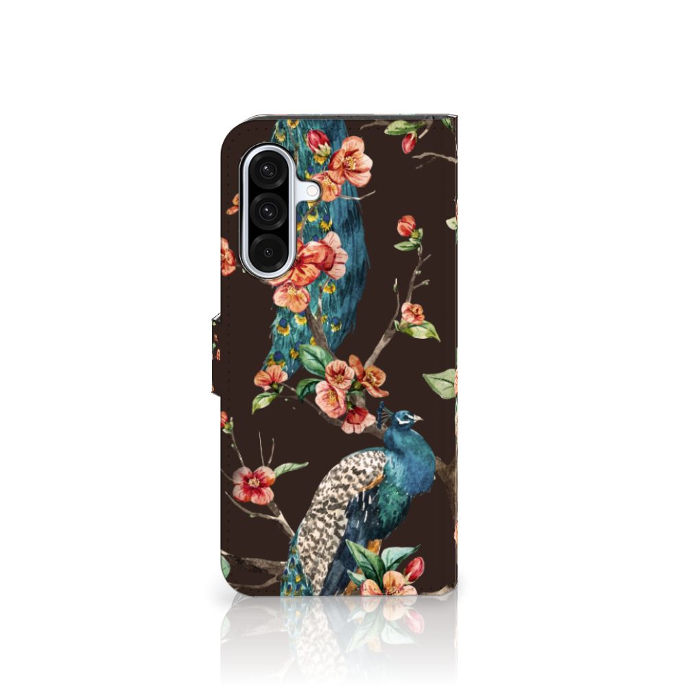 Samsung Galaxy A36 Telefoonhoesje met Pasjes Pauw met Bloemen telefoonhoesje pauw bloemen aanzicht