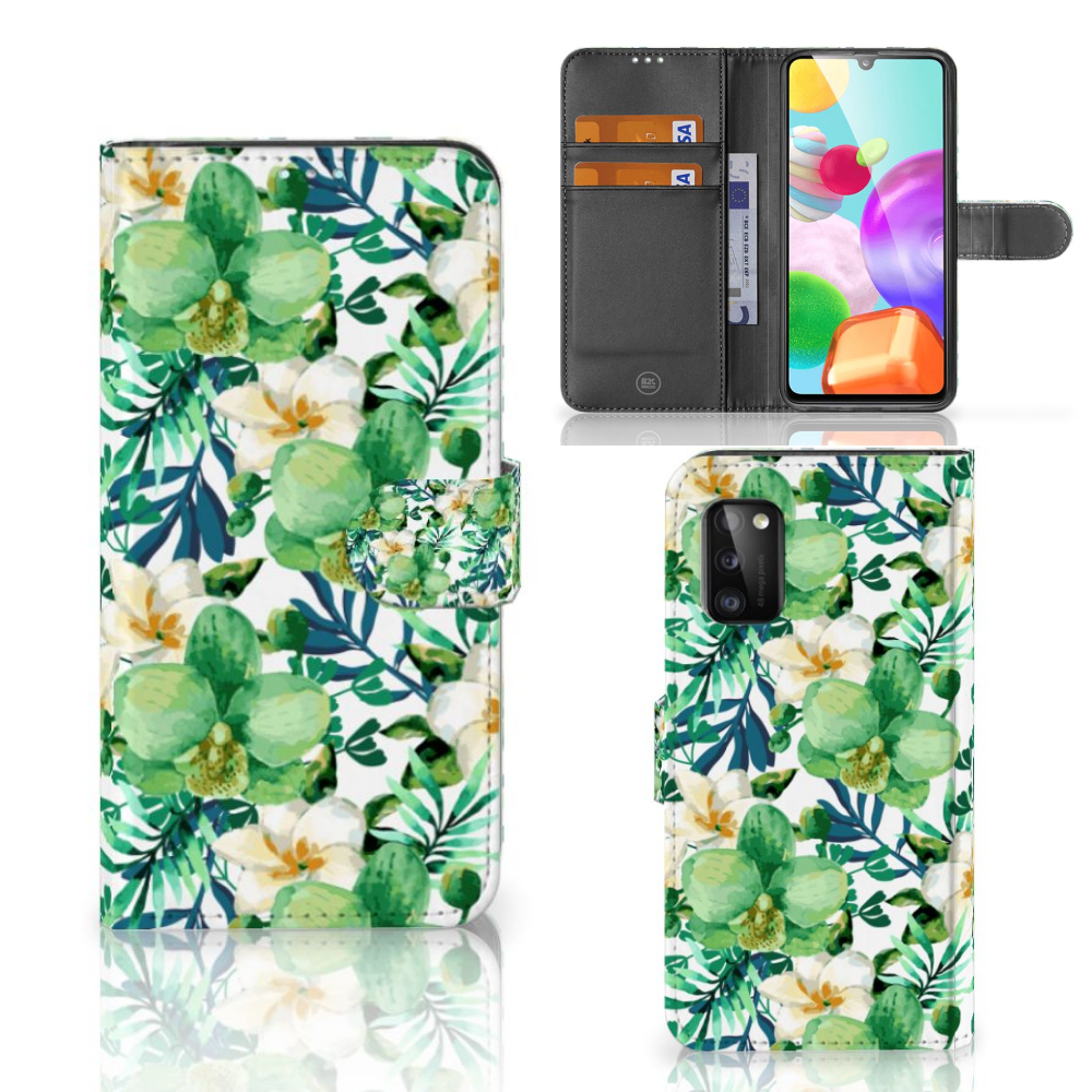 Samsung Galaxy A41 Hoesje Orchidee Groen telefoonhoesje orchidee bladeren voor en binnenkant