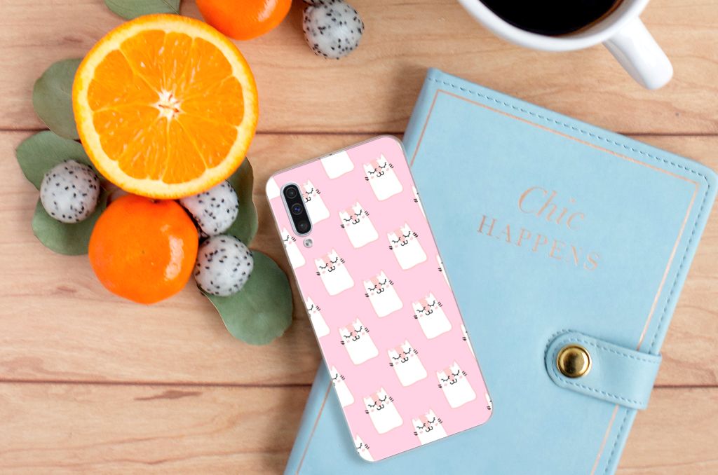 Samsung Galaxy A50 TPU Hoesje Sleeping Cats design roze aanzicht