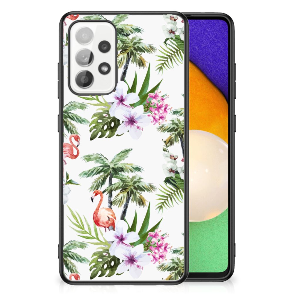 Samsung Galaxy A52 | A52s (5G/4G) Dierenprint Telefoonhoesje Flamingo Palms voorkant zijkant dessin